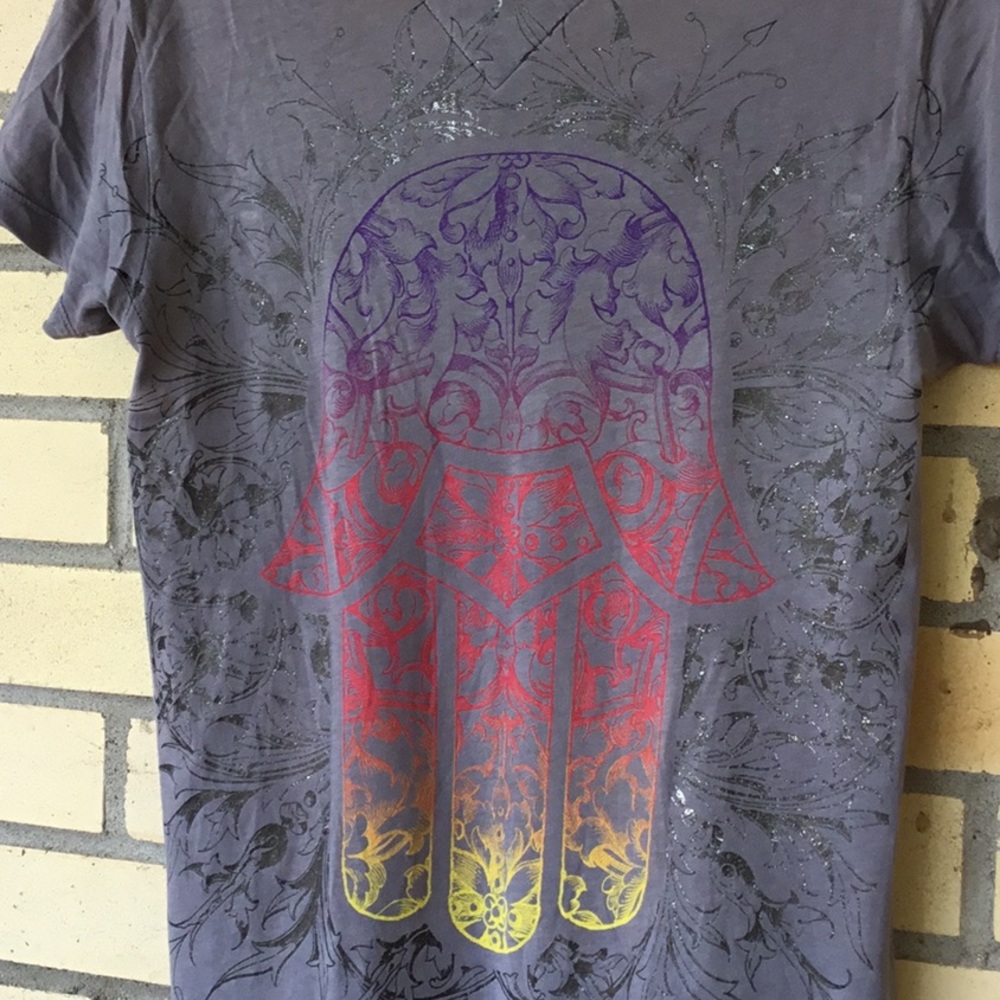Retribution Cap Sleeve Tee with Hamsa on back. Made in Los Angeles